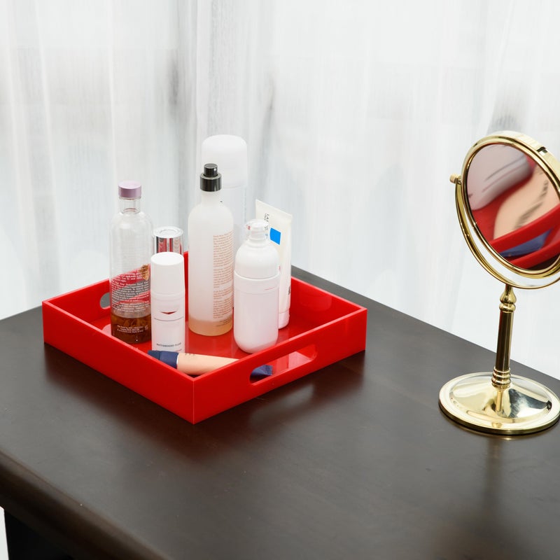 KEVLANG Sturdy Red Acrylic Serving Tray with Handles - 10x10Inch, Coffee/Appetizer/Butler Tray - Kitchen Countertop & Vanity Table Organizer - Image 2